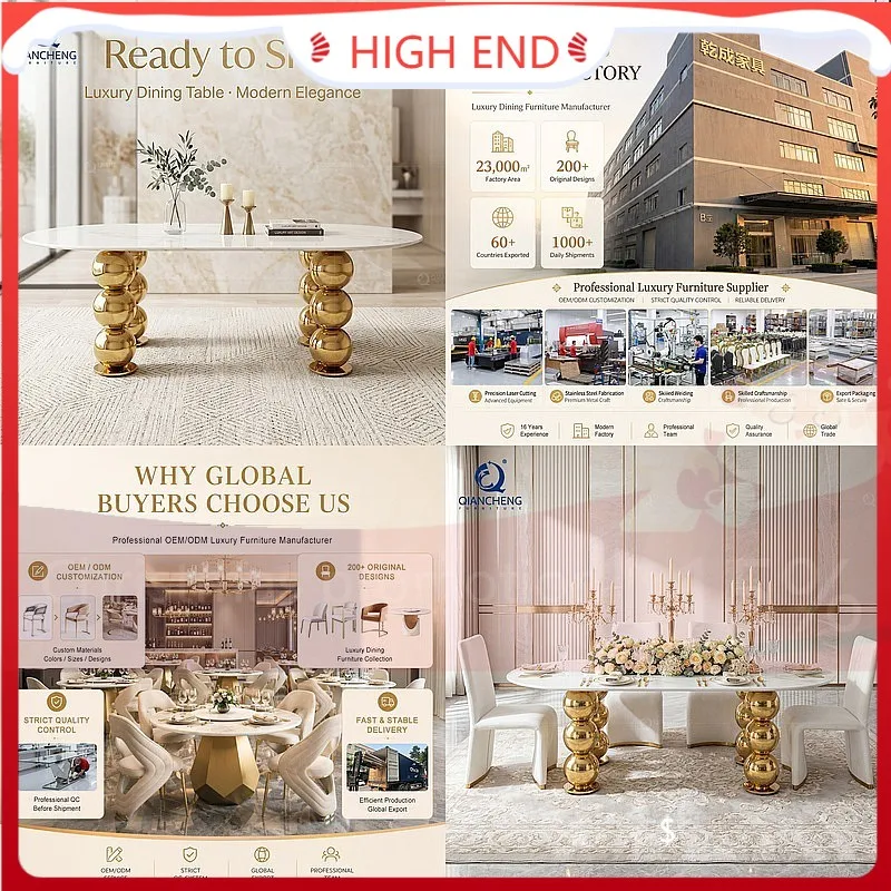 SF Luxury Oval Marble Dining Table for Villa Sample Room Gold Stainless Steel Base Home Furniture