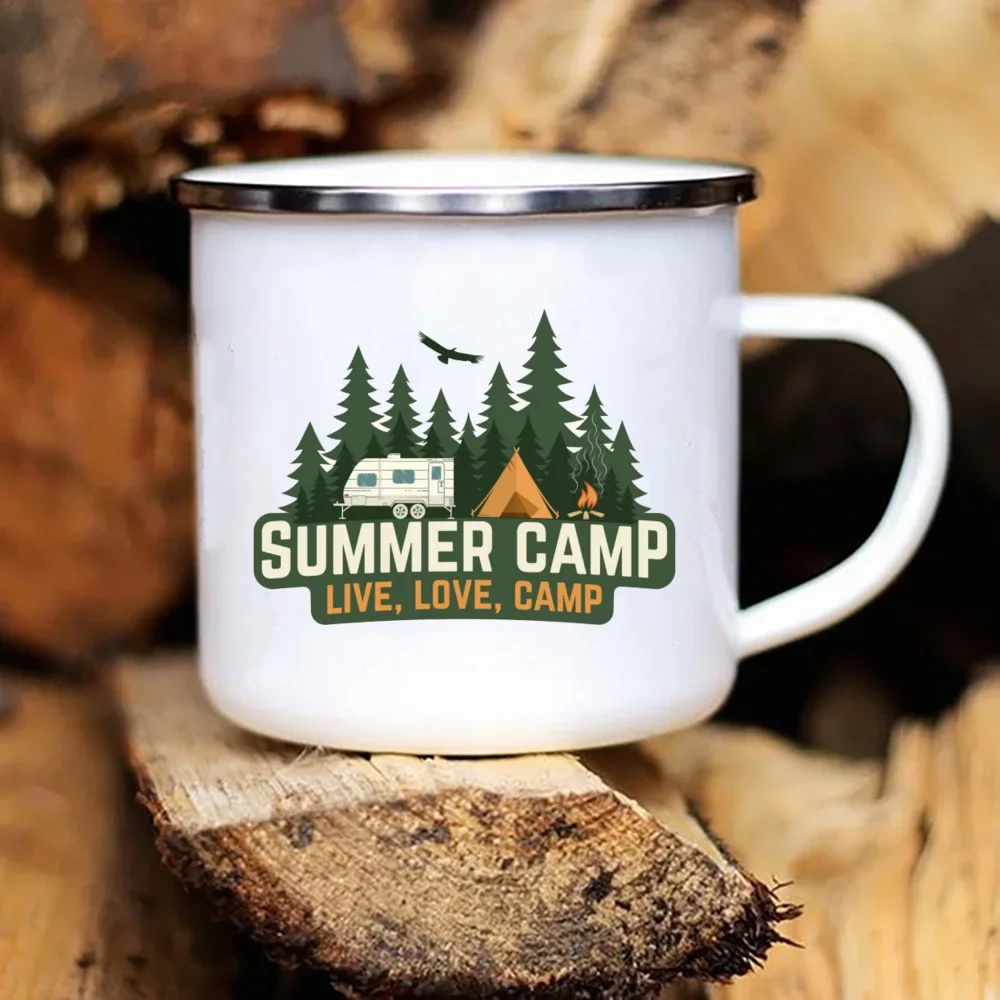 Caravan Printed Camper Mugs Camping Enamel Mug  Adventure  Campfire Party Beer Juice Cup Mountain Handle Cups Gifts for Camper