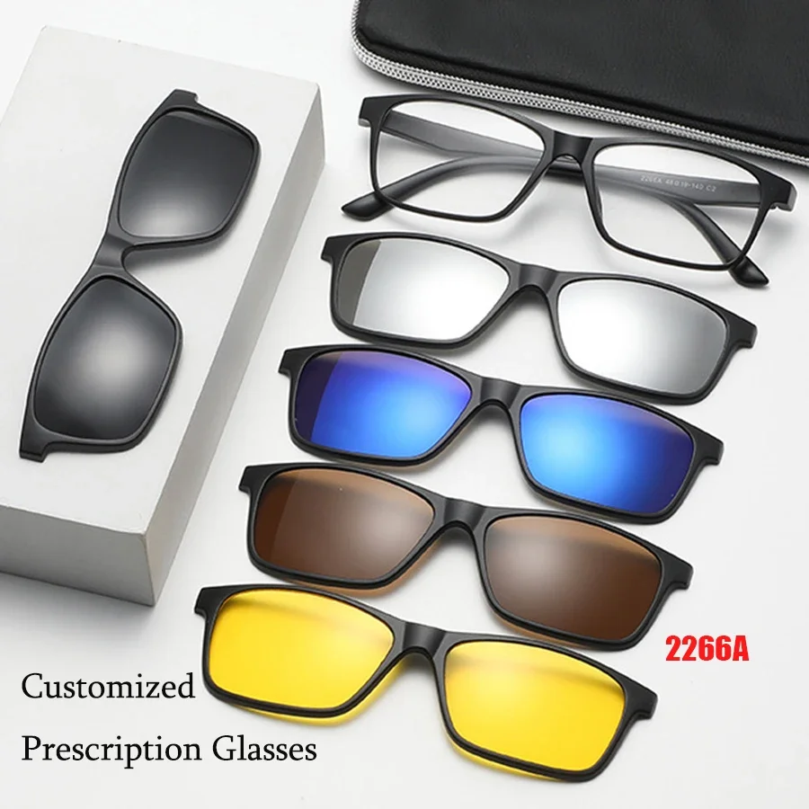 6 In 1 Customize Prescription Glasses Men Women Anti-Blue Light Myopia Hyperopia With 5 PCS Clip On Polarized Sunglasses