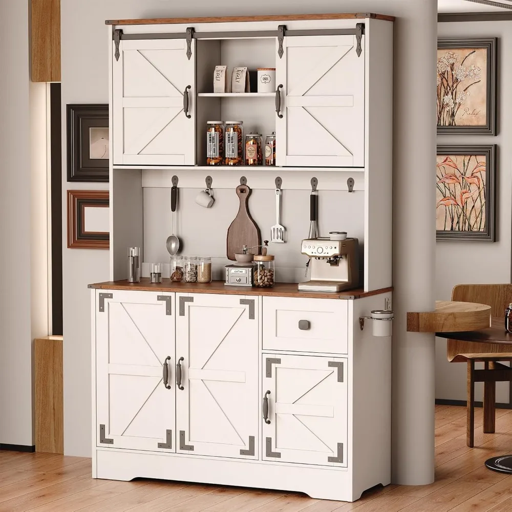 

71" Kitchen Pantry Storage Cabinet, Tall Food Pantry Cabinets with Microwave Stand & Charging Station, Farmhouse Kitchen Hutch C