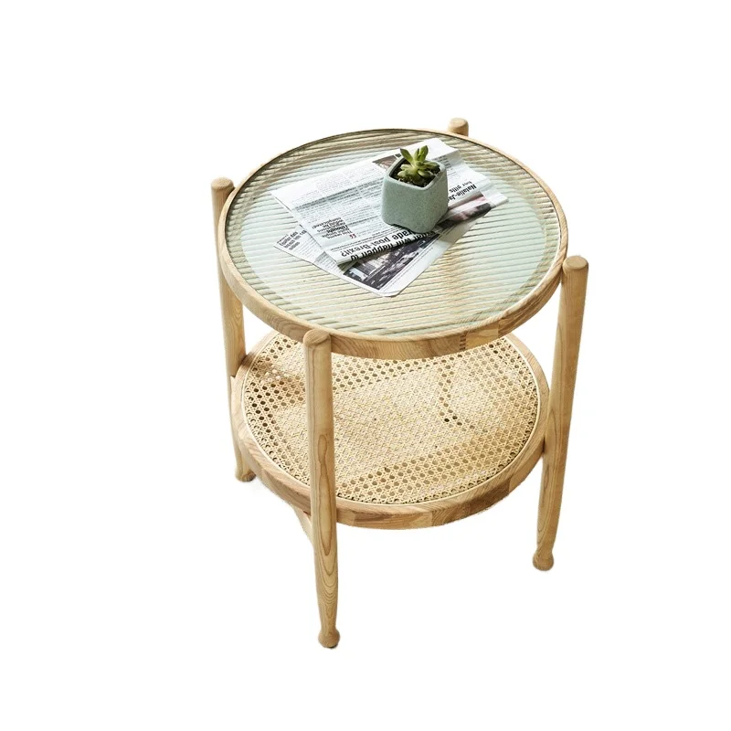 

Household solid wood rattan coffee table living room double round coffee table