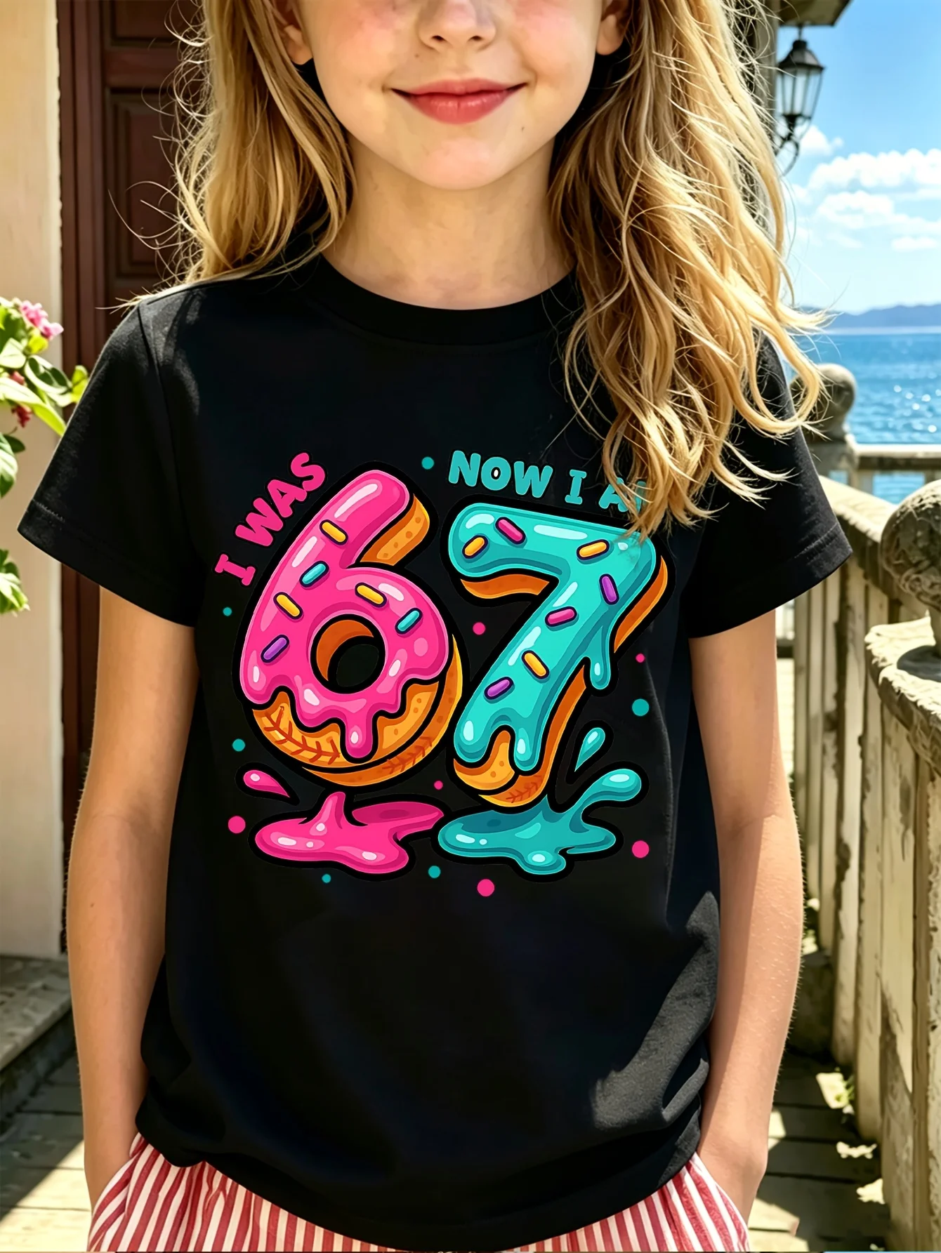 Kids Family Matching T Shirt Donut Number 6 To 7 Birthday Print Short Sleeve Cotton Tops For Boys Girls Daily Casual Outfit