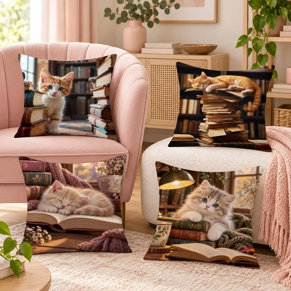 Cozy Reading Cat Cute Gift Cushion Cover Pillow Case Organic Short Plush Cushion Covers Washable Wrinkle-Resistant