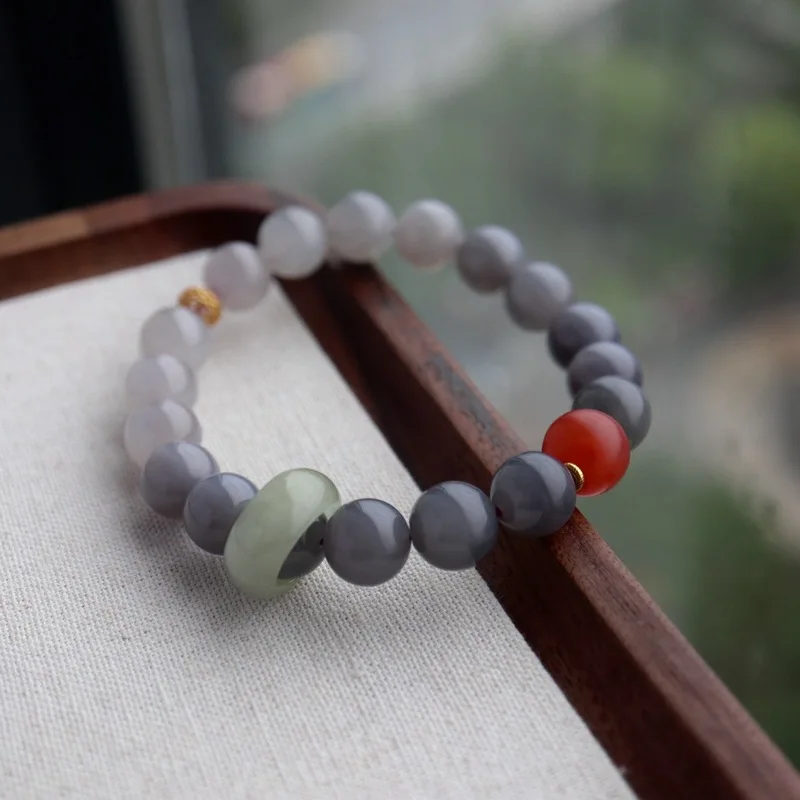 Natural Hetian Jade Smoky Purple , New Style Gradient Color Round Bead Handheld Bracelet