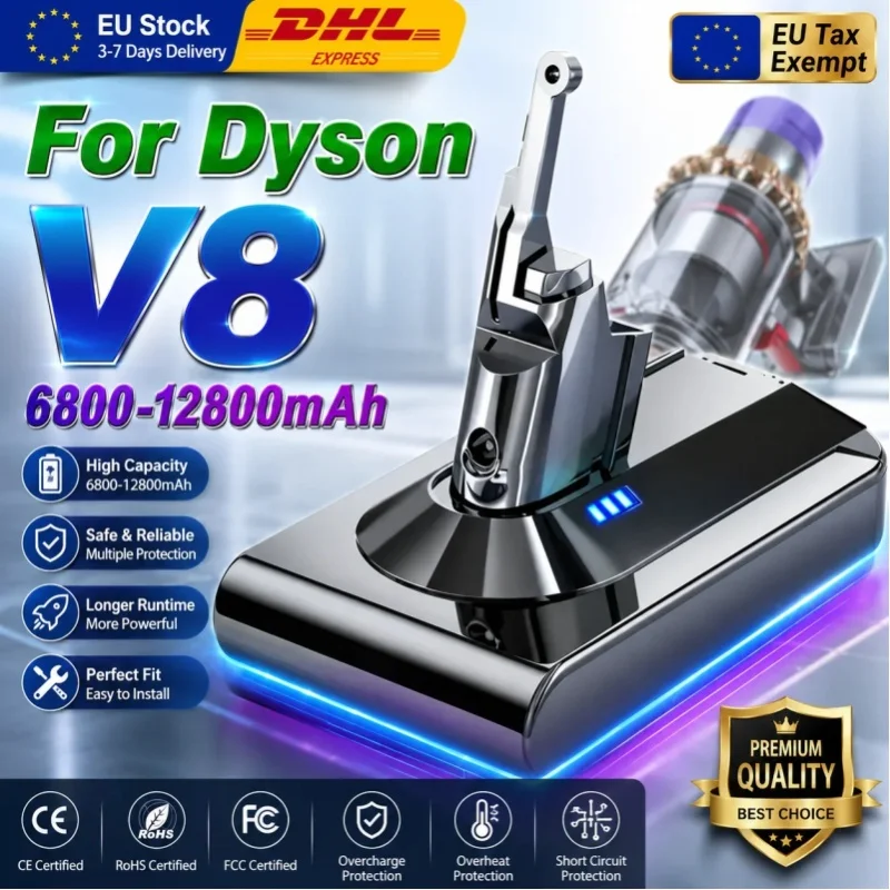 12800 mAh 21,6 V Li-Ionen-Ersatzakku, kompatibel mit Dyson V8 Absolute Fluffy Animal 18650 Staubsauger, wiederaufladbarer Akku