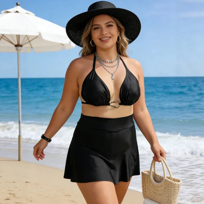 

2025 New Women's Plus Size Bikini - European American Sexy Back Tie High-Waisted Pleated Skirt Two-Piece for Beach & Pool