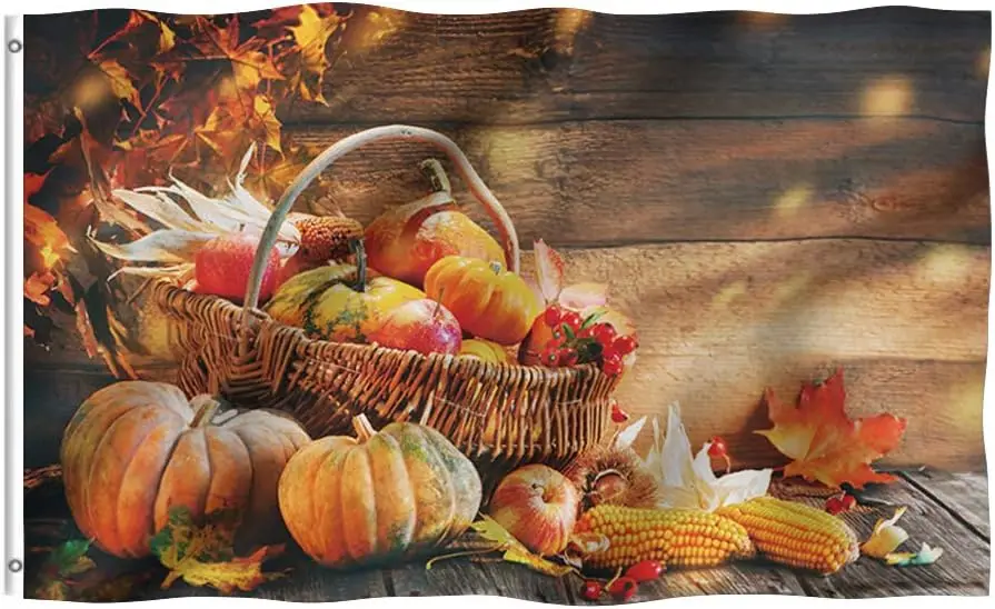 Fall Harvest Thanksgiving Pumpkin Garden Flag 3x5 Ft Double Sided 3 Layers, Rustic Seasonal Autumn with Brass Grommets