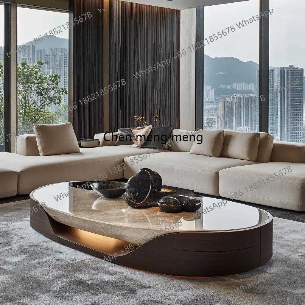 

Легкий роскошный кофейный столик из микрокристаллического камня, премиум-класса, овальный, для гостиной, мраморный, с местом для хранения