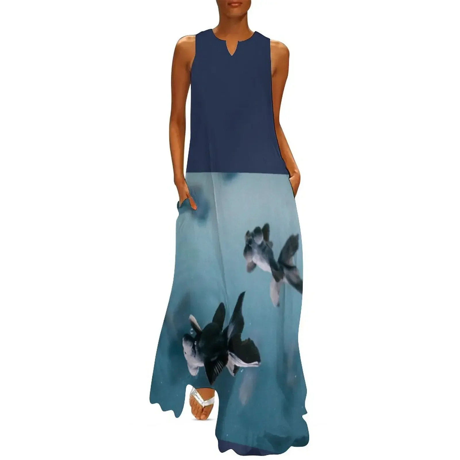 

Black Telescope Goldfish Floating in Misty Blue Water - Stunning Zen Vibe Scene at An Aquarium in Japan Long Dress