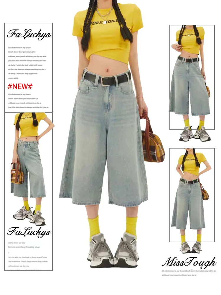 2024 Summer Harajuku Fashion Vintage High Waist 2000S Blue Denim Shorts Women Casual Loose Fit Y2K Punk Streetwear Baggy Shorts