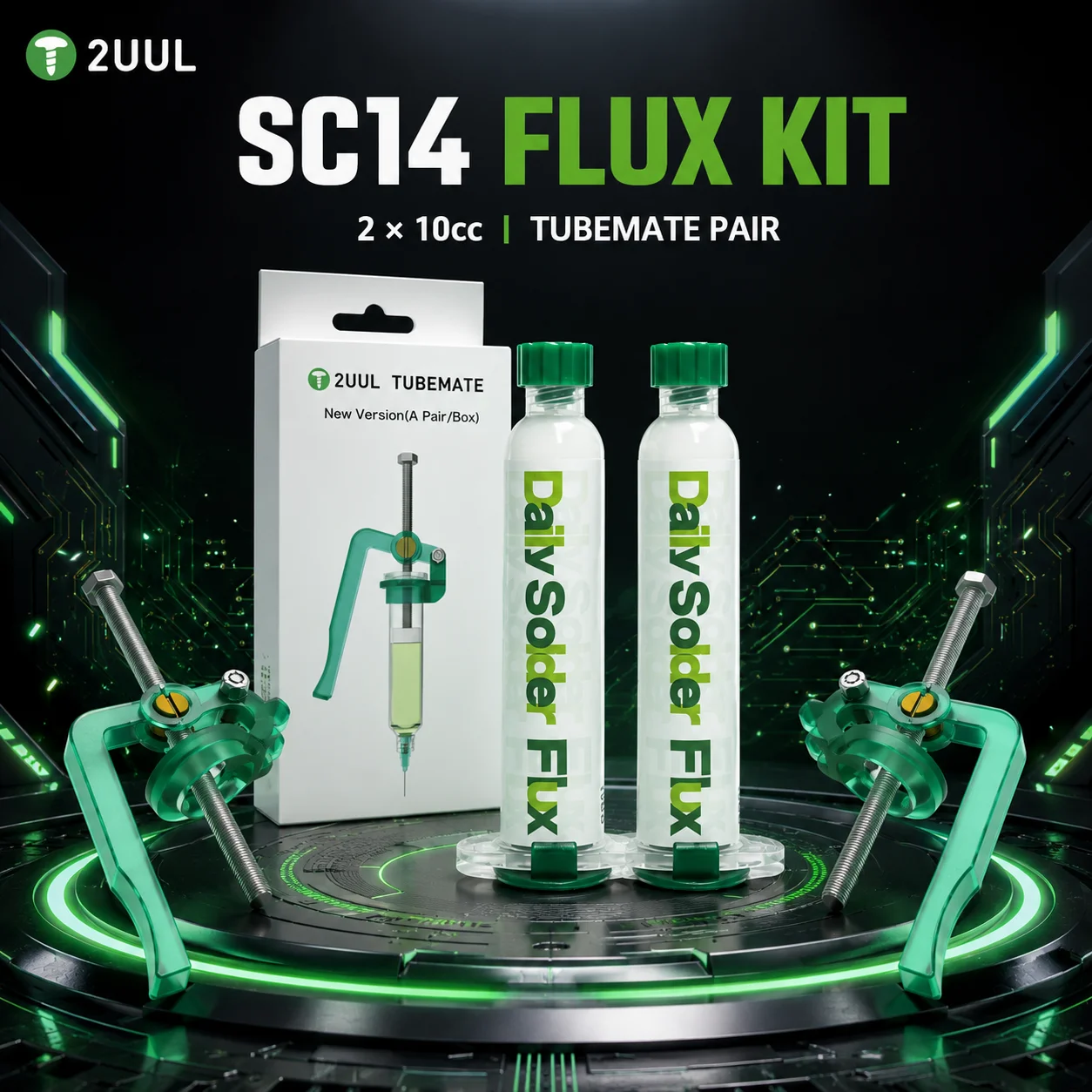2UUL SC14 Daily Solder Flux Paste 2×10cc with TUBEMATE Dispenser Set for Phone PCB BGA CPU Repair