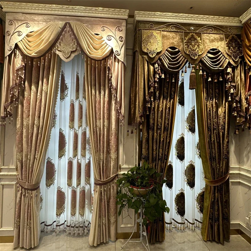 

Coffee Color Velvet Embroidered High Shading Curtains for Living Room Luxurious Villa Palace Curtain Apartment Hotel Bedroom