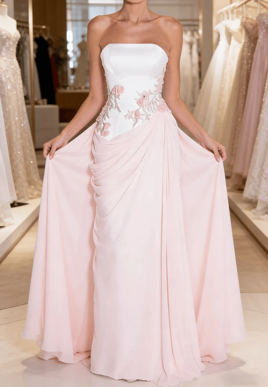 Elegant Chiffon Blush Pink Evening Dress Lantern sleeves Pleated Hand Beaded 3D Floral Formal Cocktail Prom Party Vestidos