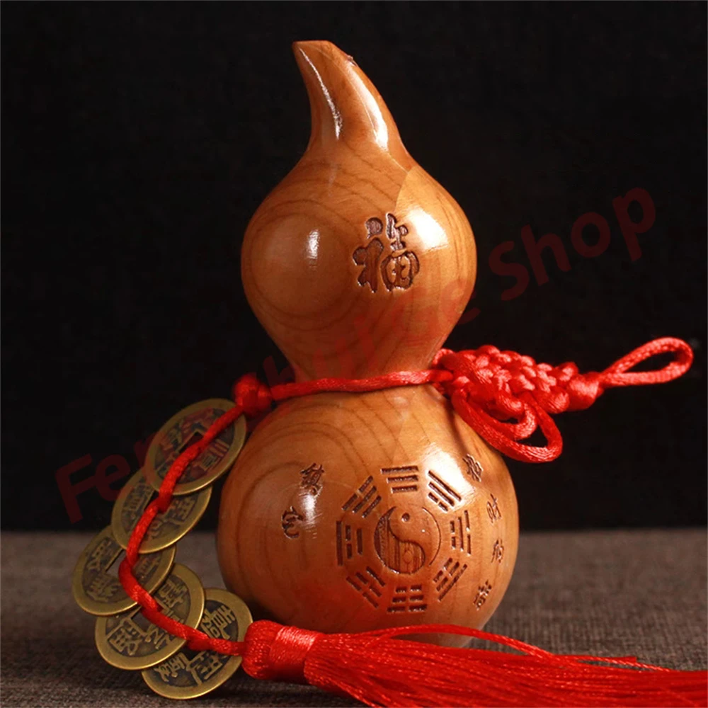 Peach wood, Eight Trigrams gourd ornaments, Five Emperors' coin pendants, and solid wood carving family decoration decorations