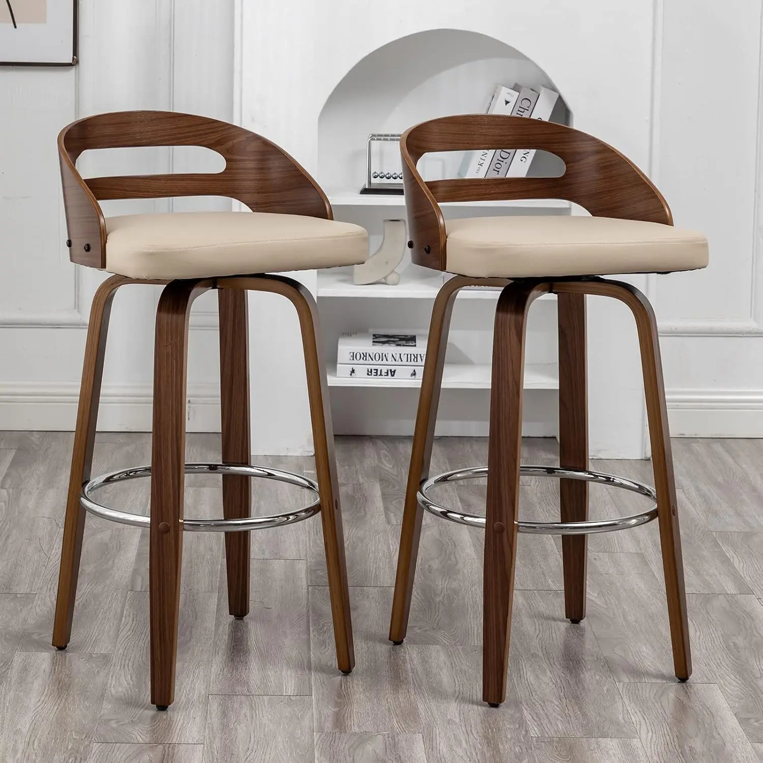 Bar Stools Set of 2, Swivel Bar Height Stools with Low Back, Wood Bar Chairs with Soft Cushion Seat, 24.6-Inch Seat Height (Beig