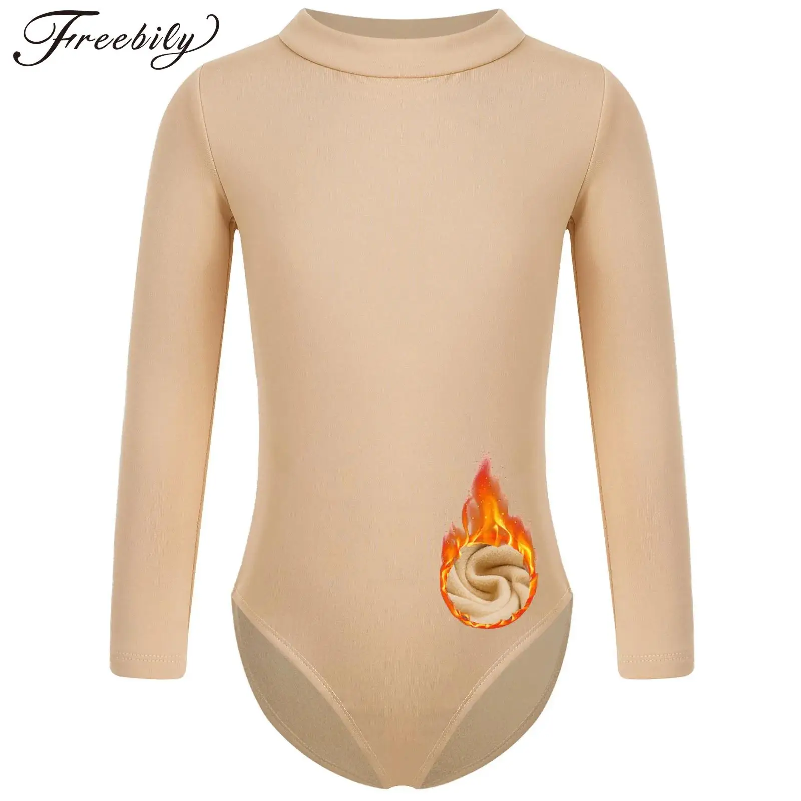 Kinder Meisjes Fleece Gevoerd Balletdans Turnpakje Nude Lange Mouw Gymnastiek Bodysuit Thermisch Ondergoed Danskostuum