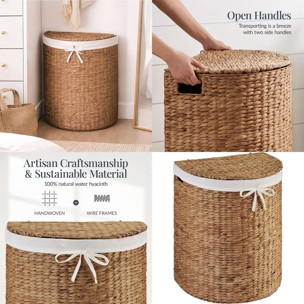 Cesto de Ropa Redondo Tejido con Tapa, Forro Extraíble y Asas Integradas para Baño, Dormitorio y Lavadero - Color Castaño