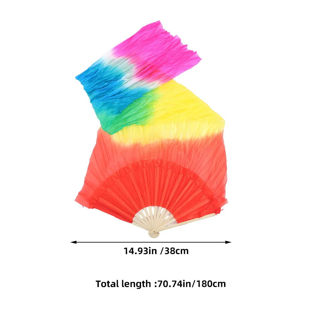 Colorful Gradient Long Silk Dance Fan for Smooth Flow Belly Dancing Prop Foldable Lightweight Fan for Outdoor Indoor
