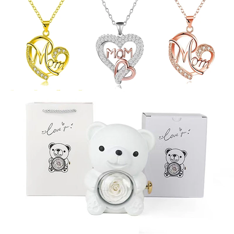 

Heart Zircon Mom Pendant Necklaces With Cute Bear Rose Flower Gift Box 2025 Suitable For Christmas Mother Day Romantic Jewelry