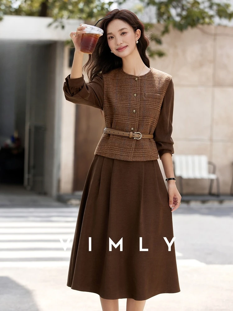 

VIMLY комплекты из 2 предметов, женские коричневые платья, костюмы, винтажный осень 2025, элегантный клетчатый жилет с круглым вырезом, длинное платье, новые одинаковые комплекты A2923