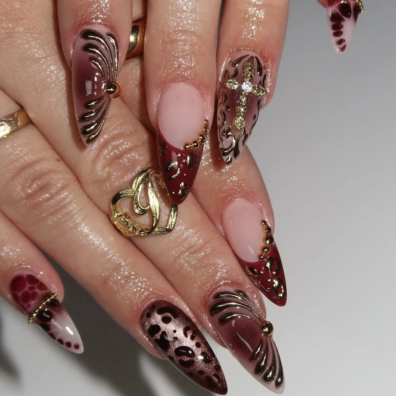 Gradient wine red brown fake nails with cross rhinestones leopard printing Almond nail tips full cover reusable press on nails view 2
