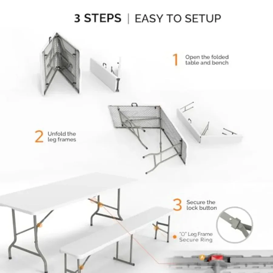 Folding picnic table set with 2 benches for camping and backyard use, aluminum frame, gray finish, lightweight and compact fold