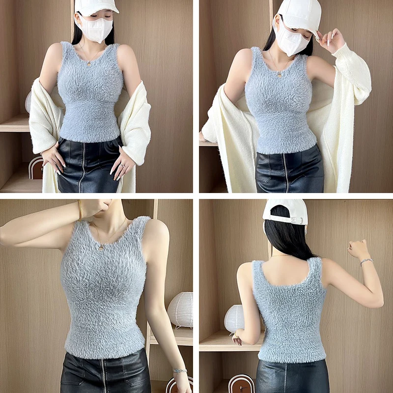 Autumn Winter Plush Warm Wool Tank Tops Bottom Imitation Cashmere Girls Thermal Underwear Thicken Fleece Camisole Bra Pads