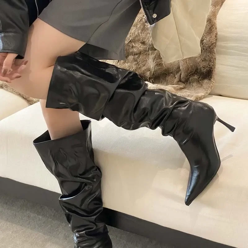

Aneikeh Winter Gold Silver Pleated Pointed Toe Woman Knee-High Boots Designer Thin High Heels Stripper Shoes Botas Mujer