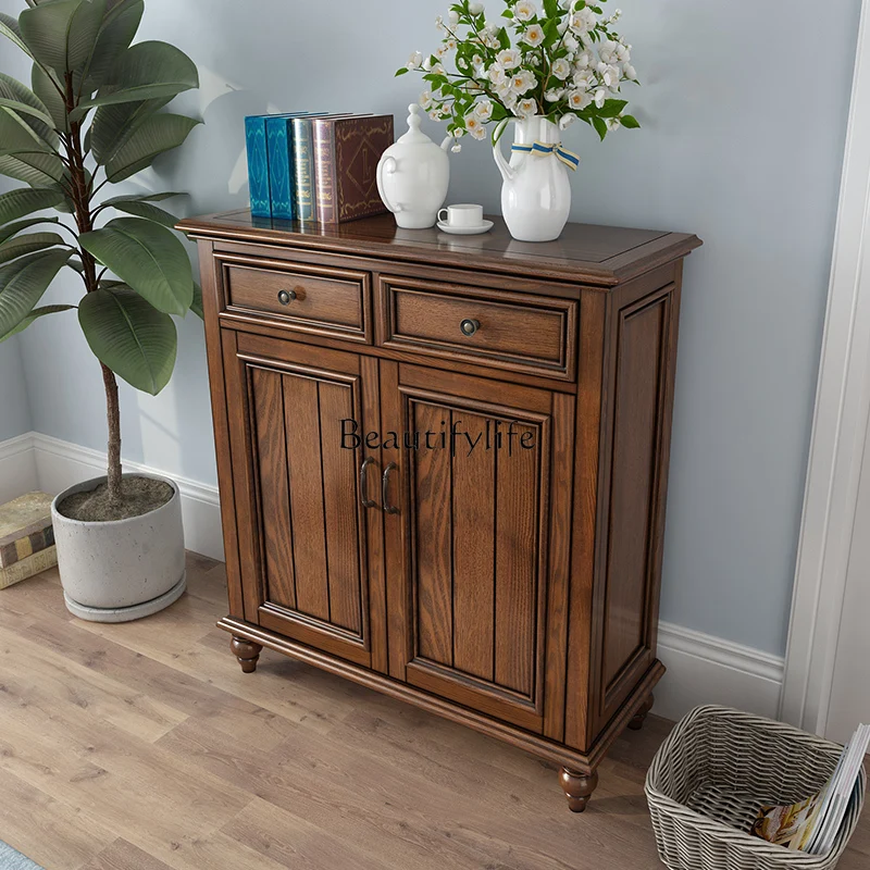 American rural ash wood shoe cabinet all solid wood retro porch walnut color locker