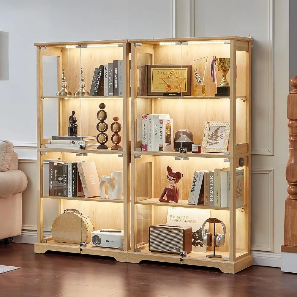 Farmhouse Glass Display Cabinet Set of 2 with Lock Natural Wood