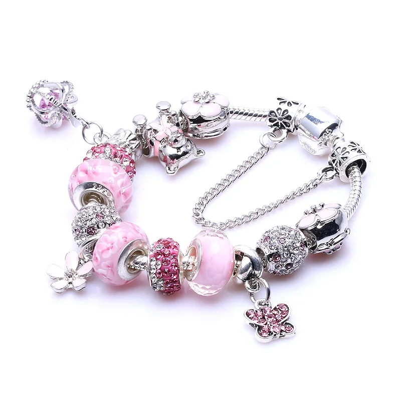 

2025 New Pink Large Hole Beaded Bracelet with Thousand Flowers DIY Butterfly Pendant for Women Cute Valentine's Day February14th