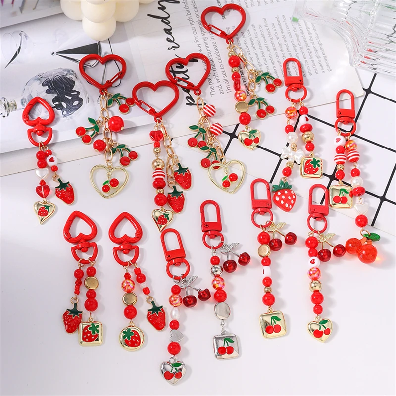 Modische handgefertigte Frucht-Schlüsselanhänger, rote Kirsche, Erdbeer-Anhänger, Schlüsselanhänger für Autoschlüssel, Damen- und Herrenhandtaschen, DIY-Geschenke – Detail 4
