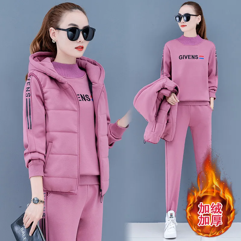 4XL Winter Women Sportswear Tracksuit Thick Fleece Warm Hoodie Sweatshirt+vest+pant Running Jogger Fitness Casual Set Sport Suit