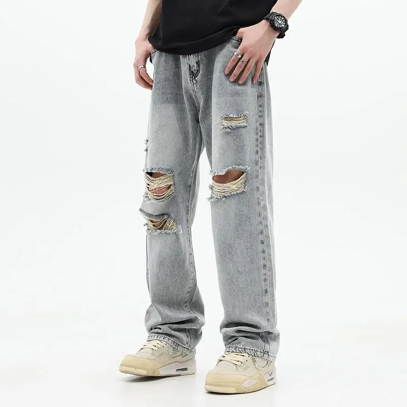 

Straight Jeans Men Casual Winter Loose Wide Leg Jeans Men Ripped Pants Cowboy Mans Streetwear Korean Hip Hop Trousers C39