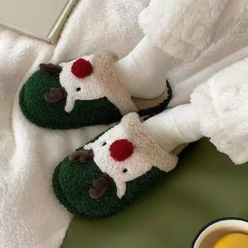 Couple's Cartoon Elk Christmas Indoor Slippers Winter 2026 Comfort Flat Heel Fluffy Fur Home Slippers Women Lovely Plush Slides