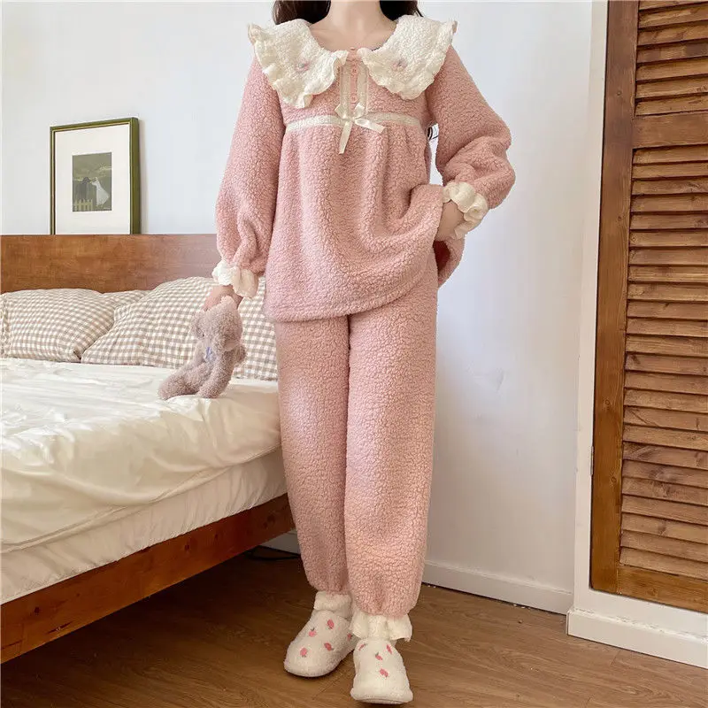 Korean Style Cute Pajamas Set for Woman Winter Warm Soft Sweet Doll Collar Pink Blue Sleepwear Girl Long Sleeve Homewear PJ Suit