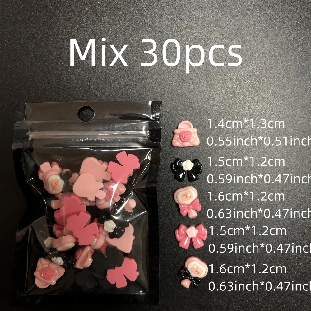 

New Bulk Supply 30Pcs Small Size Mixed Cute Bear Bow Tie Princess Bag Ice Stone Texture Butterfly Nail Art Decoration Charm Part