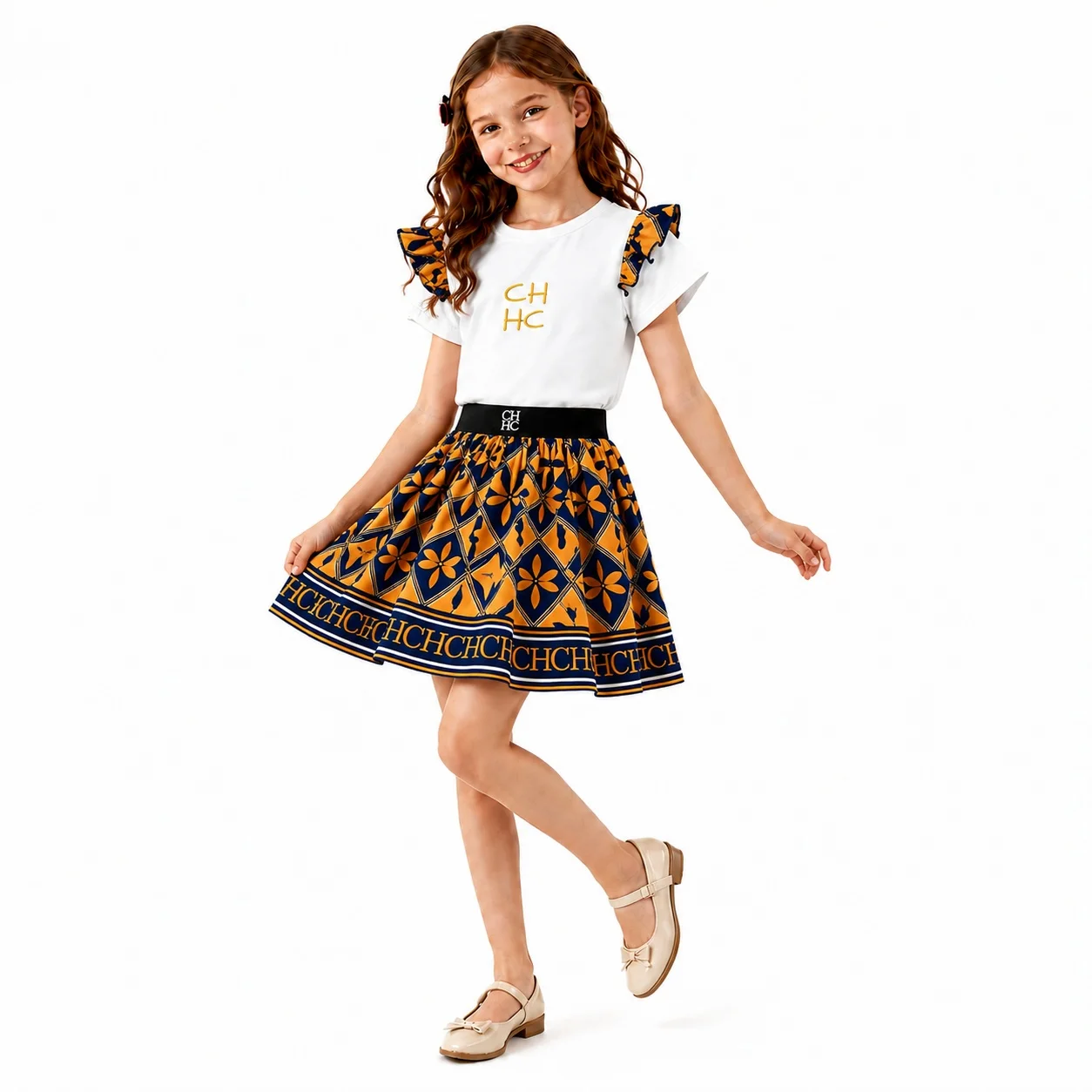 CH Girls Summer 2PCS Outfit  Embroidery Ruffle Sleeve T-Shirt Floral Print Skirt Kids Fashion Casual Clothing Set