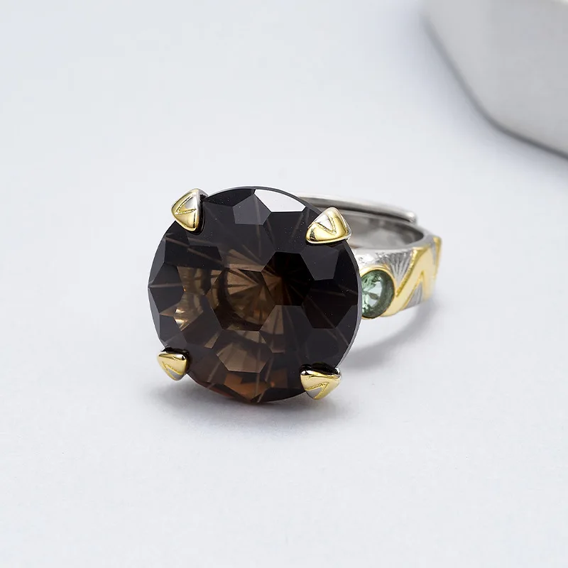 

S925 Sterling Silver Charms Ring for Women Men Four Claws Inlay Smoky Quartz Contrast Colored Pattern Fashion Jewelry Wholesale