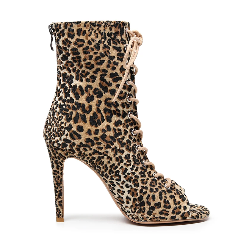 Zapatos de baile modernos con estampado de leopardo para mujer, botines de Punta abierta con suela de goma de ante, tacones delgados cubanos para