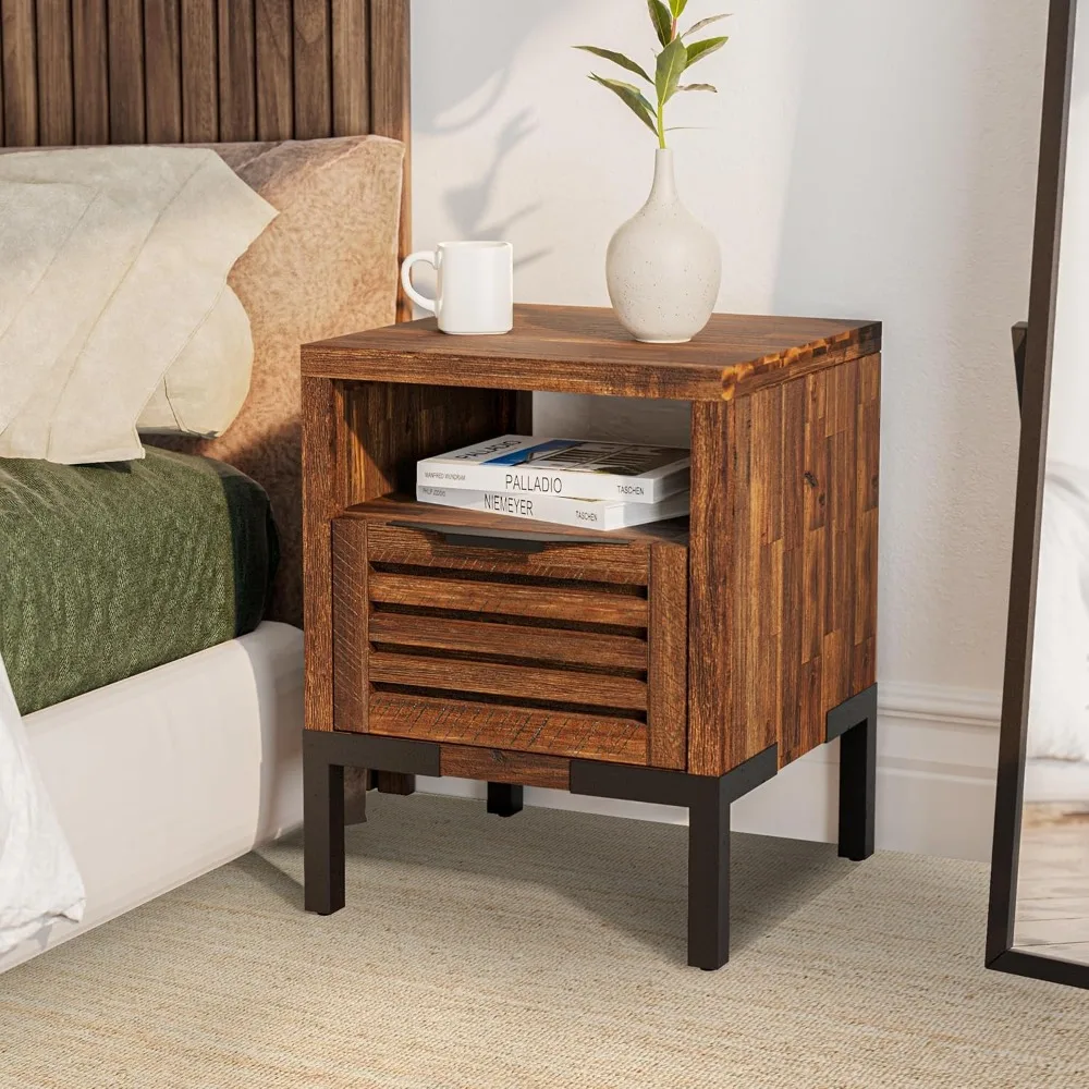 Nightstand with Drawers & Open Shelf, Pre-Assembled Industrial Modern Living Room, Bedroom, Millie Rustic Side Table