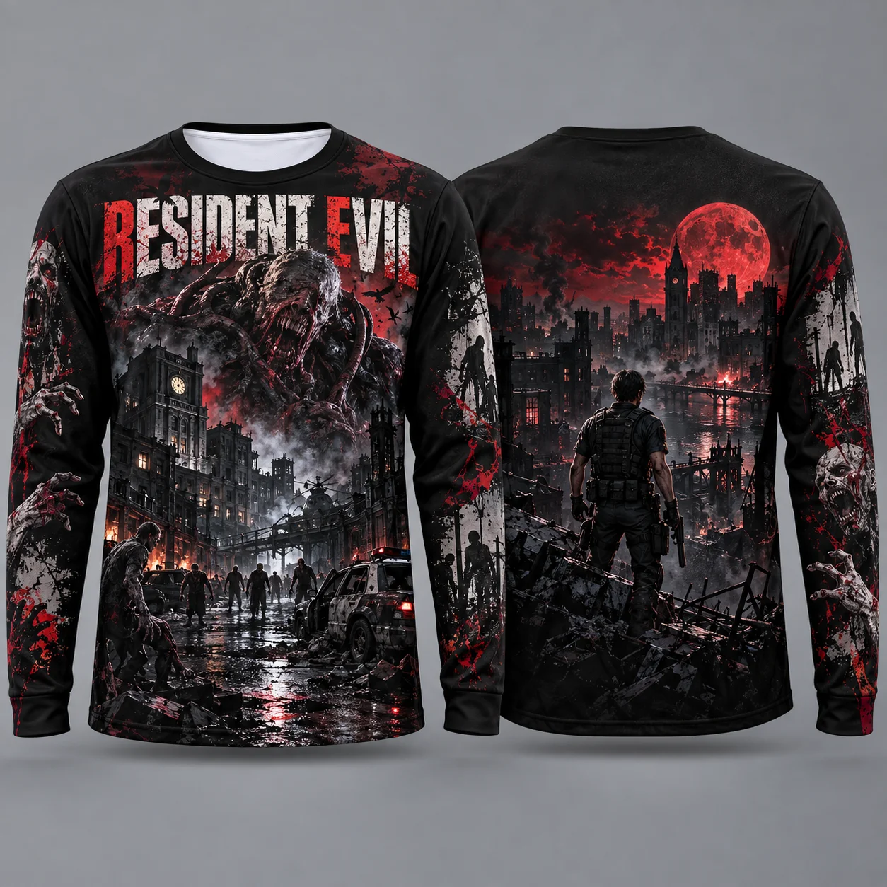Resident Evil 3D All Over Print Long Sleeve Shirt Men Double Sided Zombie City Horror Game Graphic Long Sleeve Tee Streetwear