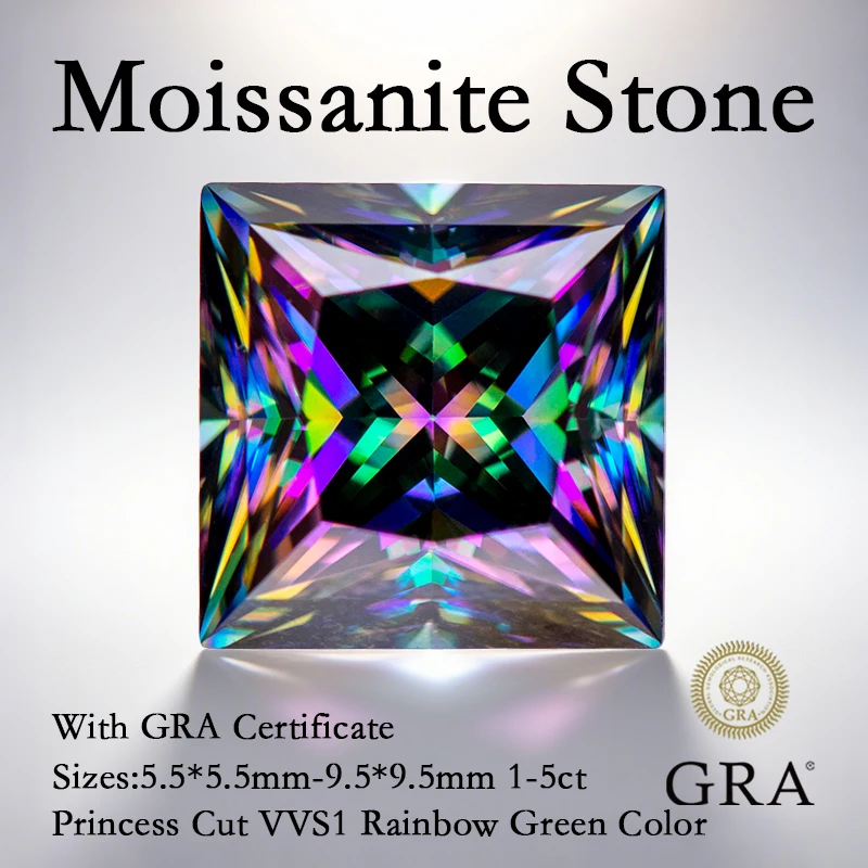 

Moissanite Stone Princess Cut VVS1 Rainbow Green Color Charms Beads for Jewelry Making Rings Necklace Pendants GRA Certificate