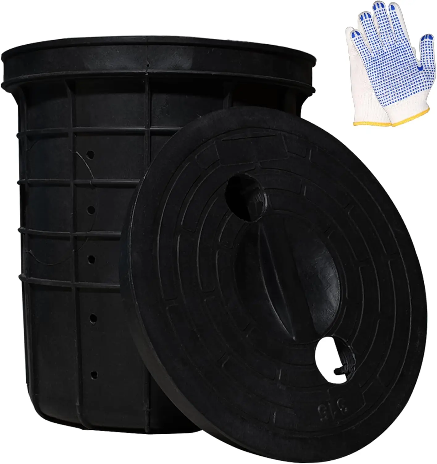 

Perforated Sump Basin with Cover, Perforated Sump Pump Bucket with Drilled Holes for Crawl Spaces, Yards, Patios, Driveways and
