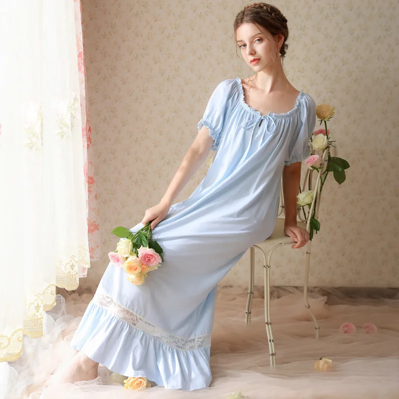 Sweet Lace Victorian Cotton Night Dress Women Vintage Nightgown Long Sleeve Princess Sleepwear Nightwear Lounge Dress Pajamas