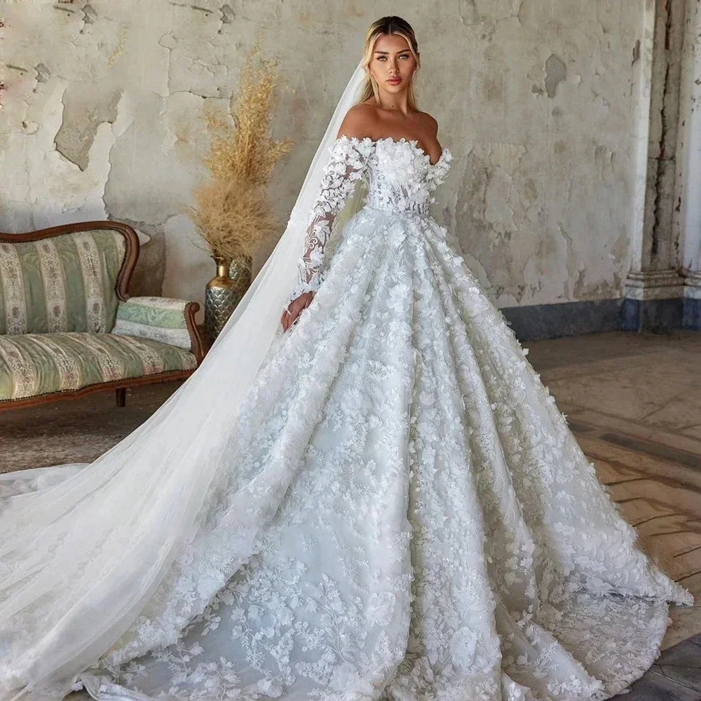

Customized Ball Gown Wedding Dresses Sweetheart Off The Shoulder Robe De Mariee Lace 3D Flower Bridal Gown Vestidos De Novia