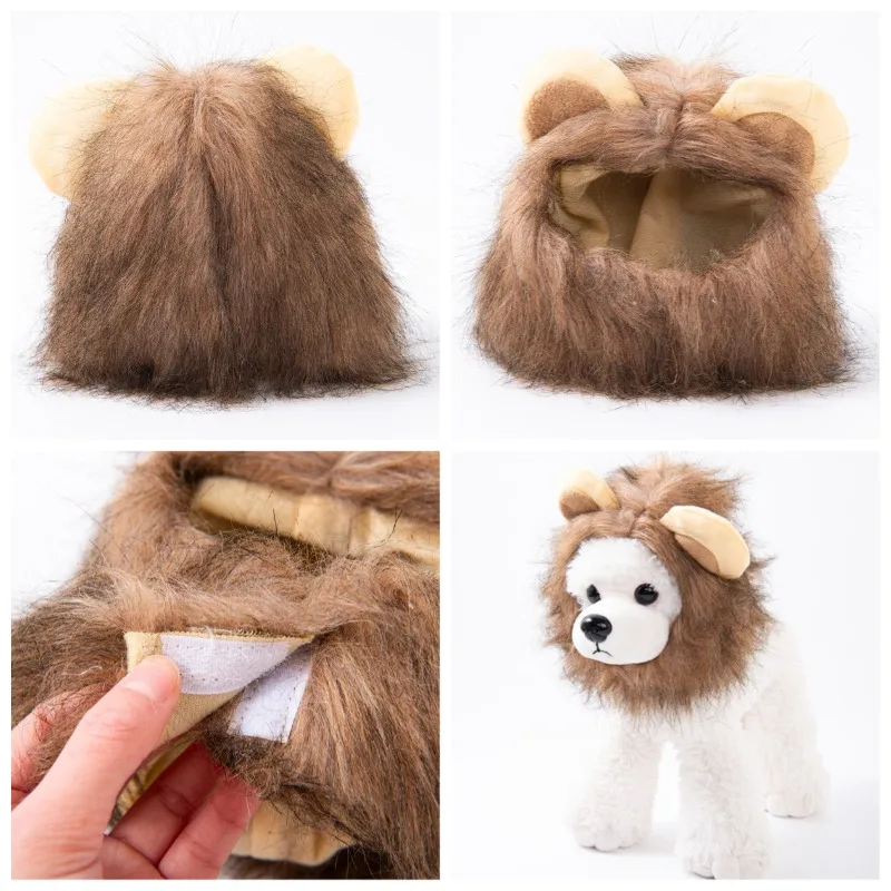 Lustiger Löwenmähnen-Hut für Haustiere, Verstellbare Plüsch-Kopfbedeckung, Halloween-Weihnachtskostüm-Accessoire für Katzen und kleine Hunde – Detail 3
