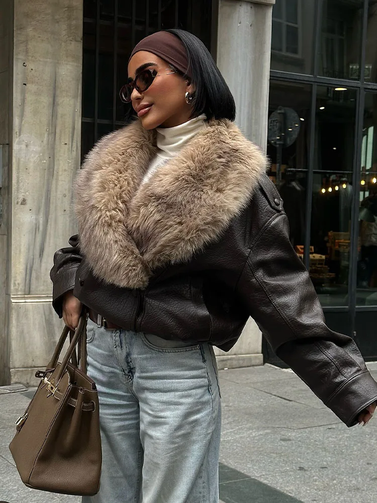 

HH Woman Fashion Winter Faux Fur Effect Lapel Long Sleeves Double Breasted Pocket Decoration Jackets Female Loose Casual Coat