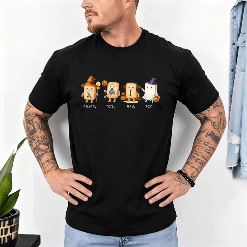Funny Halloween Mahjong Crack Dot Bam Boo Mahjong Game Night T-Shirt Cute Mahjong Tile Halloween Cotton Tshirt Unisex Casual Top