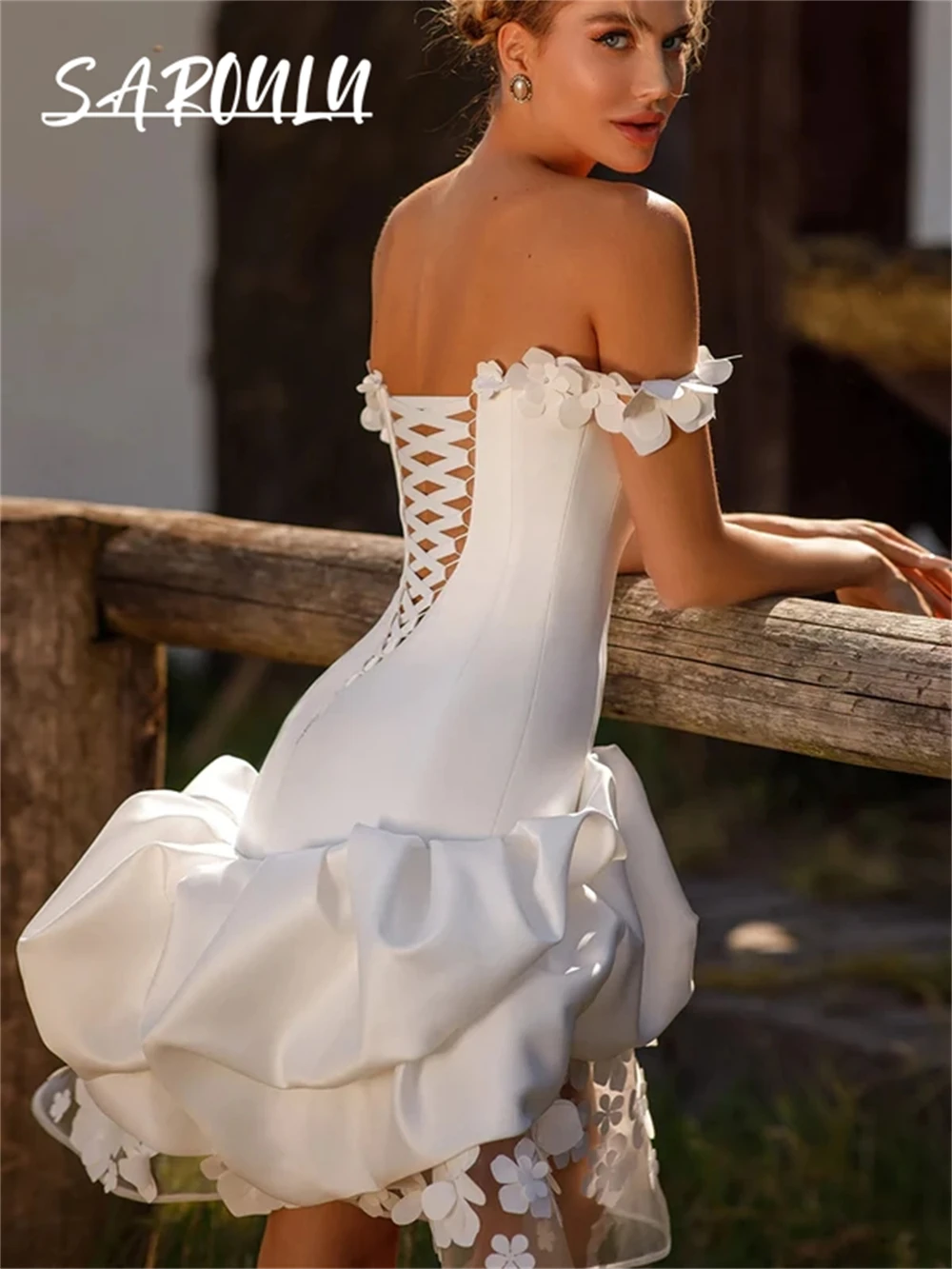 SAROULU | Cute Mini Wedding Dress Off The Shoulder Sleeves Floral Lace-up Back Bridal Gown Midi Summer Bride Dresses